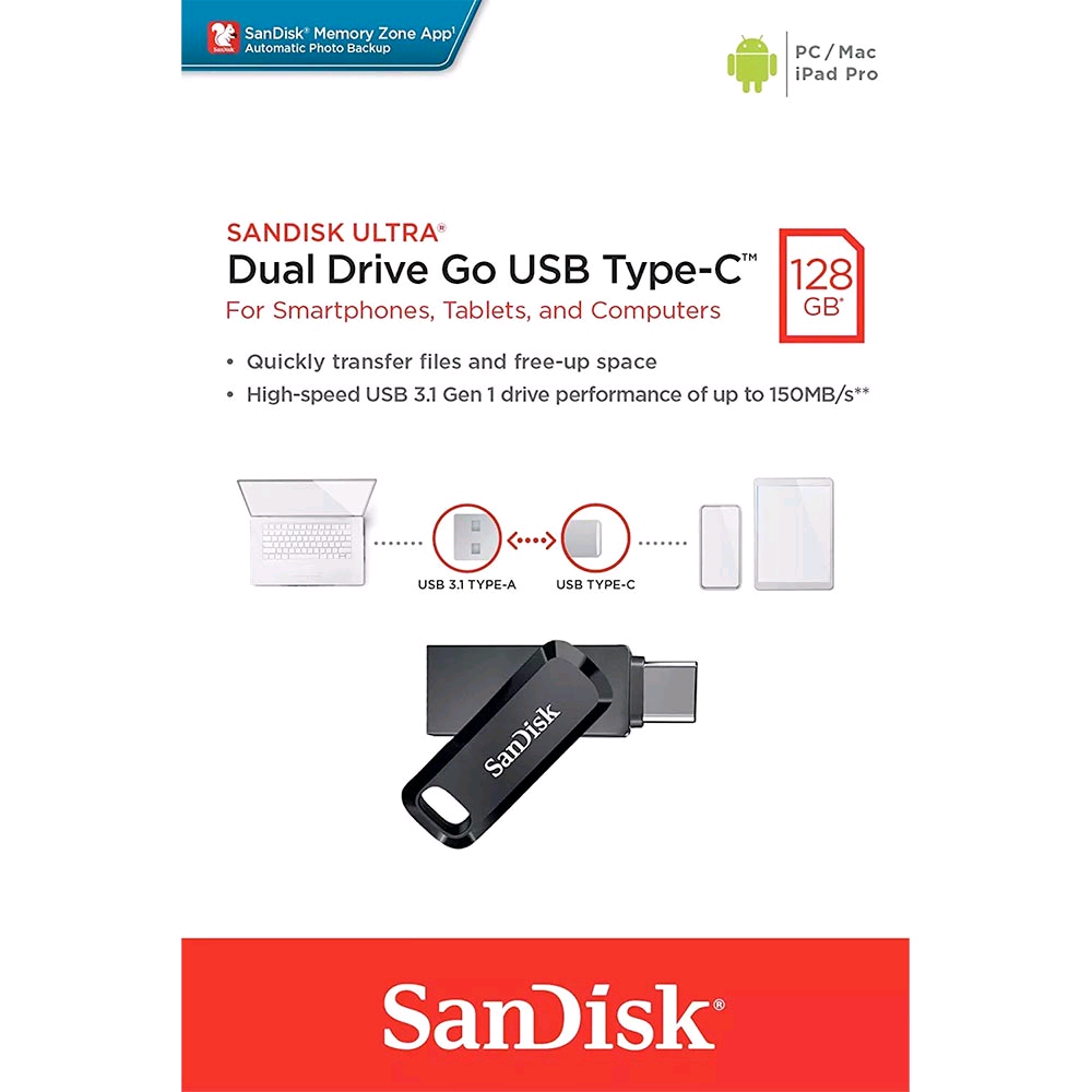 SanDisk Ultra 128GB.                  Dual Drive Go – 2-in-1 USB Type-A & Type-C USB Flash Drive (SDDDC3-128G-G46)