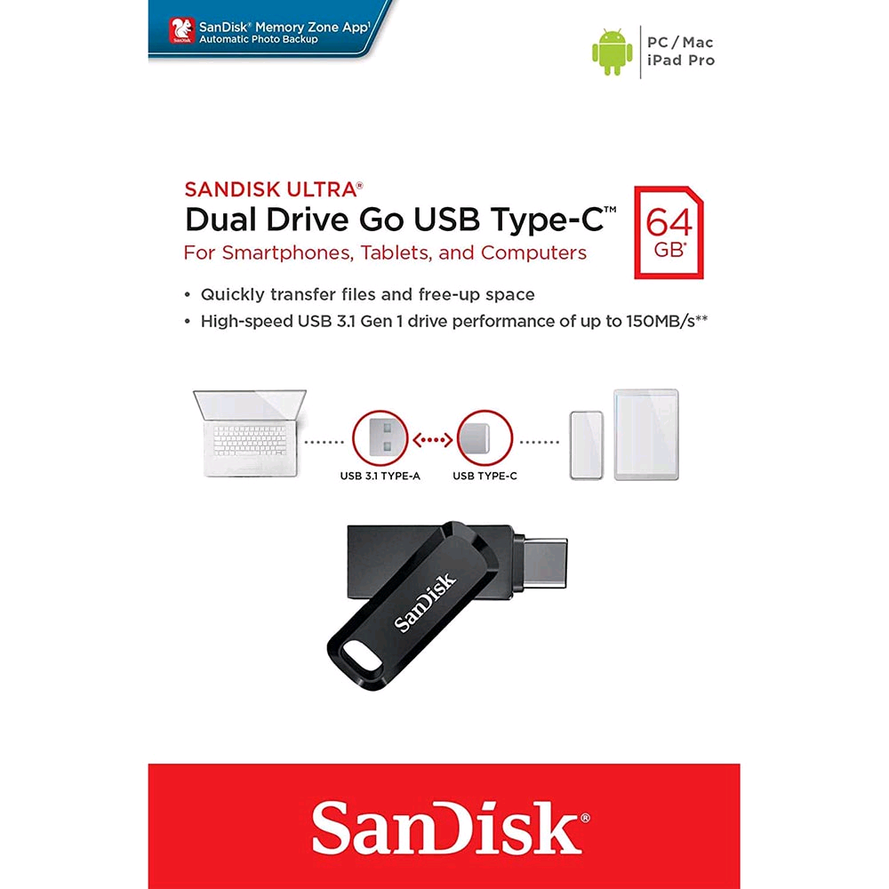 SanDisk Ultra 64GB                    Dual Drive Go – 2-in-1 USB Type-A & Type-C USB Flash Drive (SDDDC3-064G-G46)